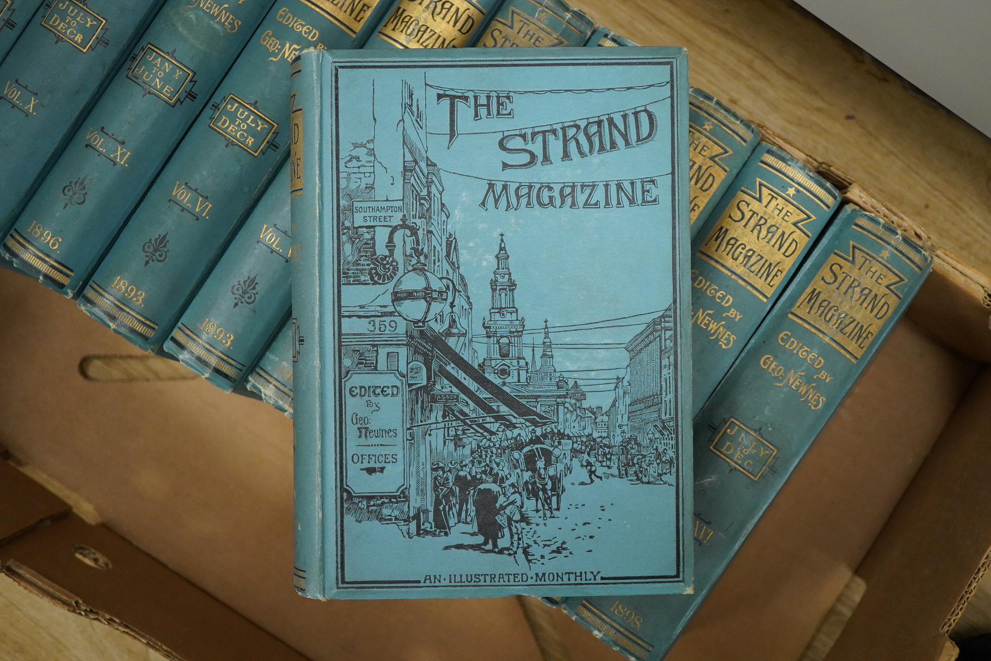The Strand Magazine: an illustrated monthly ... vols. 1-XX and vol. XXVII. many illus. throughout (num. full page); publisher's Cambridge blue pictorial cloth with gilt spines, roy.8vo. George Newnes, 1891-1900 and 1904.